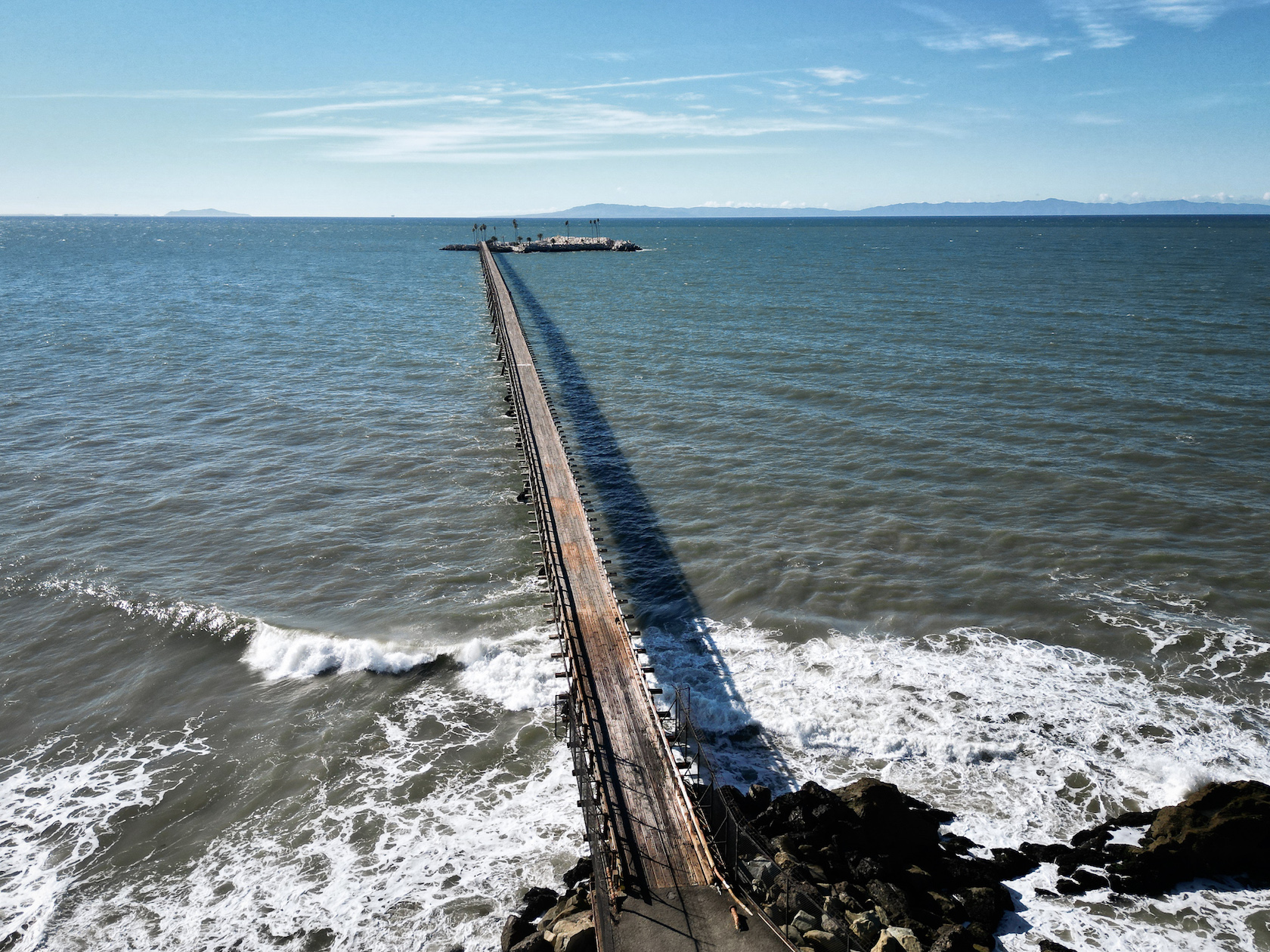 Aerial view of pier at Rincon Island